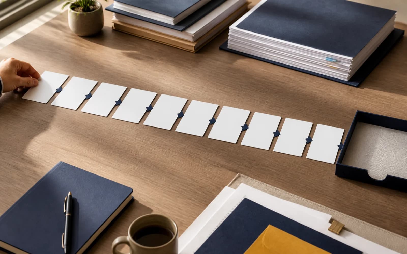 Ten blank evidence cards form an orderly path from preparation to a review tray.
